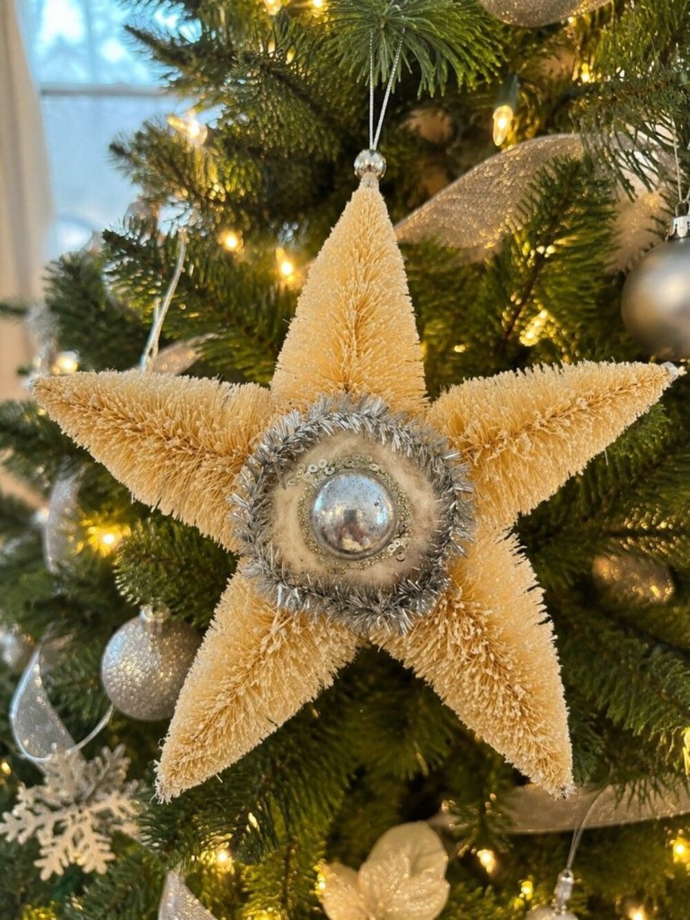 Vintage Bottle Brush Star Ornament Large 8.5" Mercury Glass Style Center